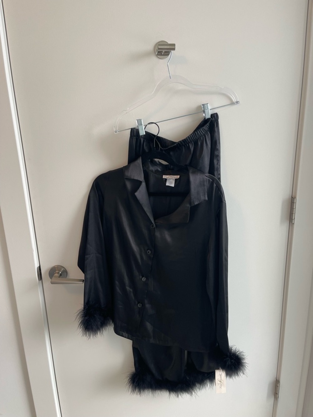 Linea Donatella Black Satin Pajama Set with Feather Trim